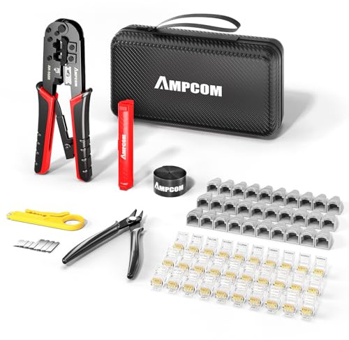 AMPCOM Kit d'outils de sertissage Ethernet 7 en 1 RJ45/RJ11 pour 30 connecteurs Cat6/Cat5e/Cat5 RJ45 avec pince à dénuder dans un sac étanche portable