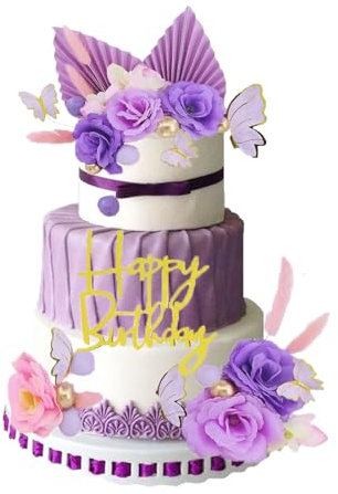 32Pcs Flower Cake Decorations Set, Happy Birthday Cake Topper Balls Cake Decoration, Butterfly Purple Palm Leaves Cake Decorations, Bohemian Cake Decoration for DIY Birthday Party