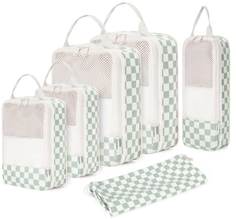 Narwey 6 Sets Compresión Organizador Maletas Bolsos, Compression Packing Cubes, Bolsas Viaje para Mochila, Equipaje de Mano y Maleta, Bolsas Organizadoras Ropa para Viaje (cuadriculado verde menta)