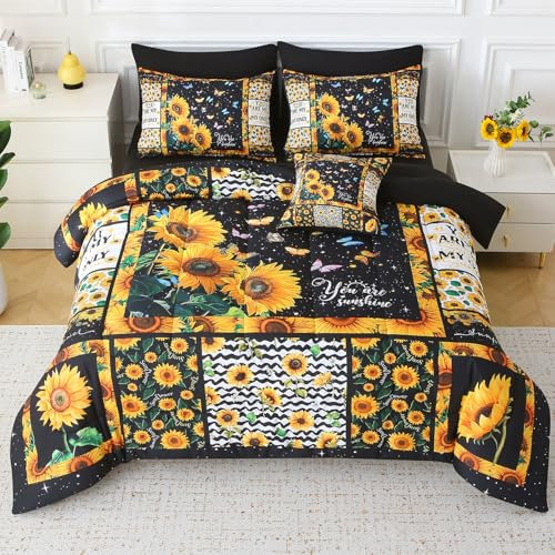 JQinHome Sunflower Comforter Set Twin for Girls Women,6 Piece Bed in A Bag 3D Black Sunflower Theme Butterfly Bedding Set with Sheet Set(Black)