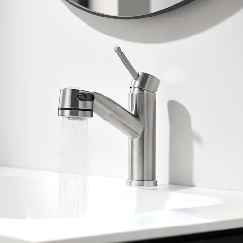 DelnVior Rubinetto Bagno Lavabo Estraibile 2 Funzioni di Getto D'acqua a Doccia Rubinetto in acciaio inox per bagno con miscelatore acqua calda e fredda