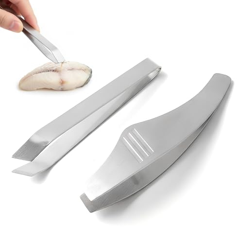 2 pinzette a spina di pesce, in acciaio inox, color argento, pinzetta piatta e obliqua, pinzetta da cucina, pinzetta per sbavature, per cucina, sala da pranzo, pesce, anatra, maiale