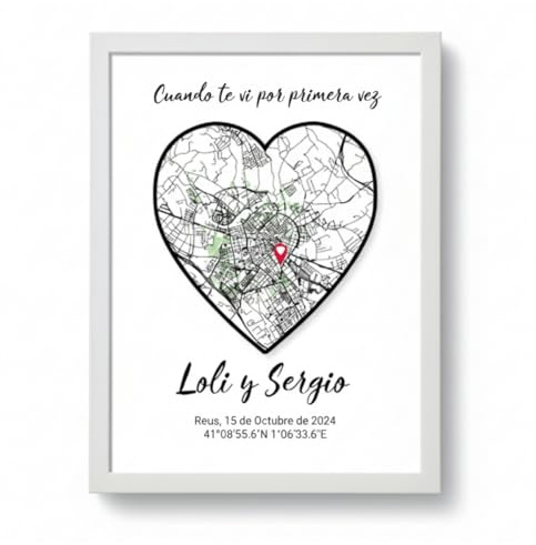 DEREGALOOS Póster Personalizado con Foto y Mapa de Coordenadas. Cuadro Decorativo y Marco con Nombres y Fecha. Regalo Romántico con Imagen para Parejas. Ideal para Aniversario (Mapa y Fecha)