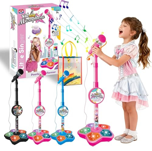 Microfono Karaoke per Bambini con Supporto, Microfono Per Bambini Con Stand - Mini Microfono, Adatto a Telefoni Cellulari, Lettori MP3 e Tablet, Adatto sia a Bambini che a Bambine (Rosa)