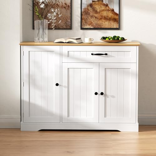 Aparador moderno 107 x 40 x 83,4 cm, elegante cómoda de cocina buffet con cajón y 3 puertas, estante ajustable, organizador de puerta con 3 compartimentos, para comedor y salón (blanco + natural)