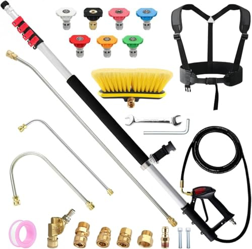 Gresonic Perche télescopique 7,7m pour Nettoyeur Haute Pression - Brosse Carrée, 3 Lances à Gouttière, 7 Buses, Raccords, Adaptateurs et Accessoires（7,7m Tête de brosse carrée）