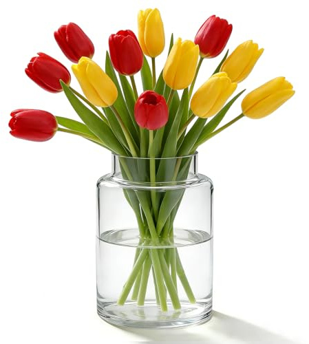 DARENYI Jarrón Grande de Cristal Transparente, 23x15x12 cm, Jarróns de Flores para Tulipanes y Rosas, Jarrón Alto de Vidrio, Jarrones de Boca Ancha para Bodas, arreglos Florales, Centros de Mesa