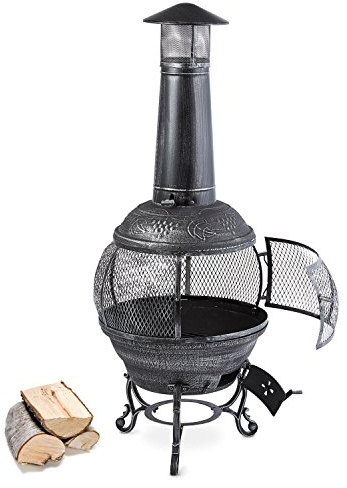 Blumfeldt Flavius - Poêle en Fonte Acier, Cheminée d'extérieur brasero idéal pour terrasse, Grille à Charbon de Bois et tisonnier Inclus, Foyer Visible 360°, Hauteur 1m40, Argent