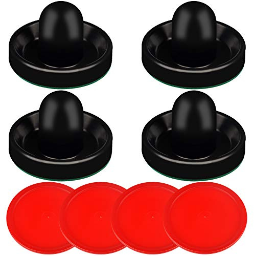 ONE250 Air Hockey Pushers and Red Air Hockey Pucks, Goal Handles Paddles Replacement Accessories for Game Tables (4 Striker, 4 Puck Pack) (Black)