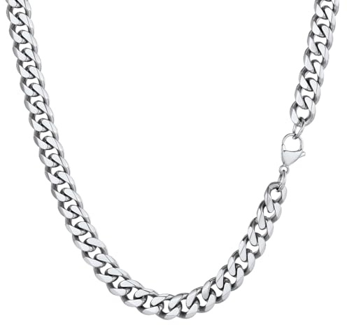 PROSTEEL Collana Uomo a Catena Barbazzale Cubana Larga Grossa Robusta, Larghezza 9 mm, Lunghezza 50 cm, Acciaio Inossidabile, Hip Hop Punk Rap, Argento, Regalo Ottimo (con Confezione)