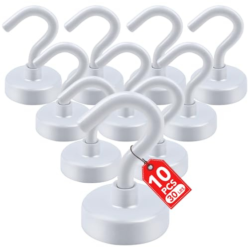 E BAVITE Ganchos magnéticos blancos fuertes resistentes, 25 libras, paquete de 10 imanes de tierras raras para refrigerador, parrilla, hogar, cocina, oficina, crucero