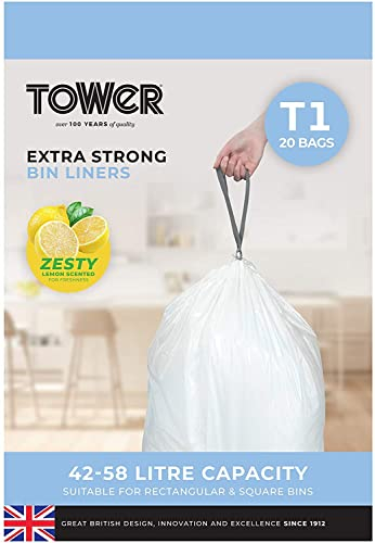 TOWER T878000 42-58L Lemon Scented Drawstring Bin Liners, Pack of 60 (3 x 20), White