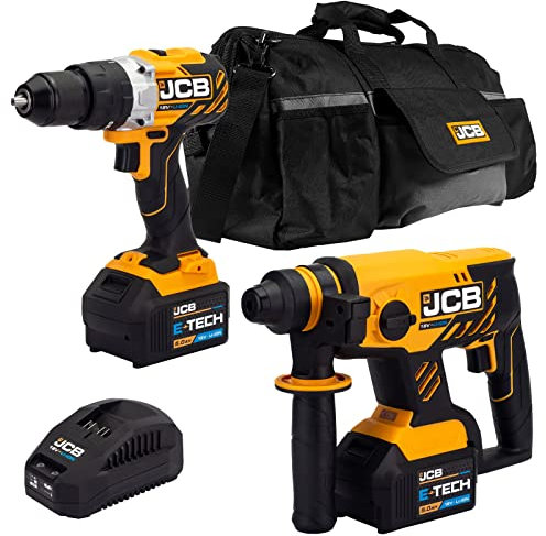 JCB 18V Brushless Cordless Combi Drill & SDS Rotary Hammer Drill, 2X 5.0Ah Battery, 20 Power Tool Kit Bag, 3 Year Warranty