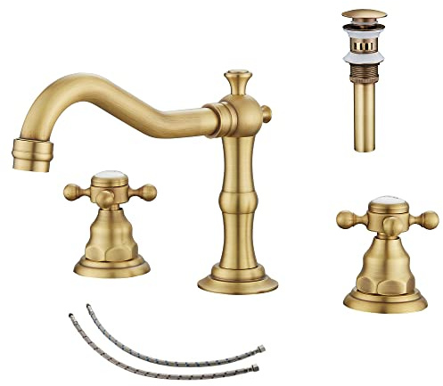 GGStudy 2 Handles 3 Holes Faucet Widespread Bathroom Sink Faucet Antique Brass Basin Tap Mixer Supply Hose Included Matching Metal Pop Up Drain