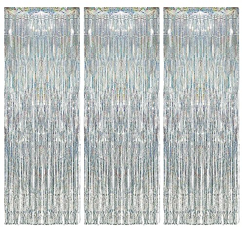 Silvester Lametta Vorhänge Silber,3 Stücke Party Vorhang,Glitzervorhang Silber,Tinsel Fransenvorhang,Fintergrund Vorhang für Geburtstag Hochzeit Bühnendekor Halloween Neujahrsdekoration(1m x 2.5m)