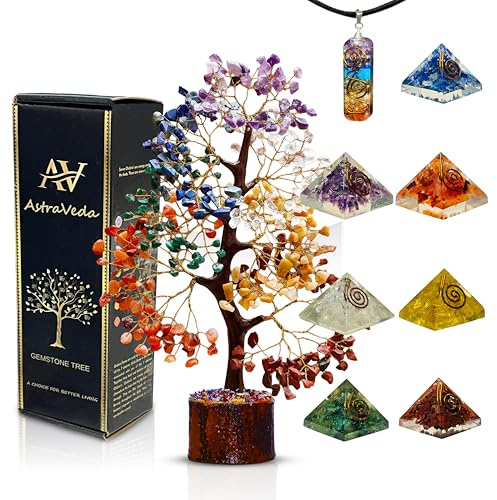 AstraVeda 7 Chakra Crystal Tree with Pendant and 7 Pyramids Gift Set | Multicolour natural gemstone Tree of Life with one pendant and seven mini pyramids for a coordinated chakra inspired display