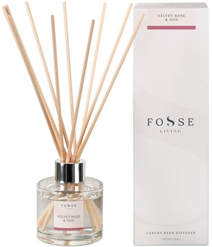 Fosse Living Velvet Rose & Oud Reed Diffuser 100ml - Highly Scented & Long Lasting - 10 Natural Fibre Reeds - Gift for Any Occasion