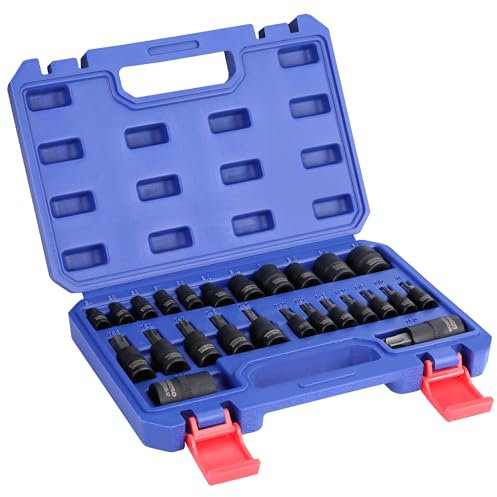 WORKPRO Jeu de 25 Douilles Torx, Torx Intérieur et Extérieur 1/4, 3/8 et 1/2, Coffret Douilles en Acier S2, Acier Chrome Vanadium, avec Boîte de Rangement