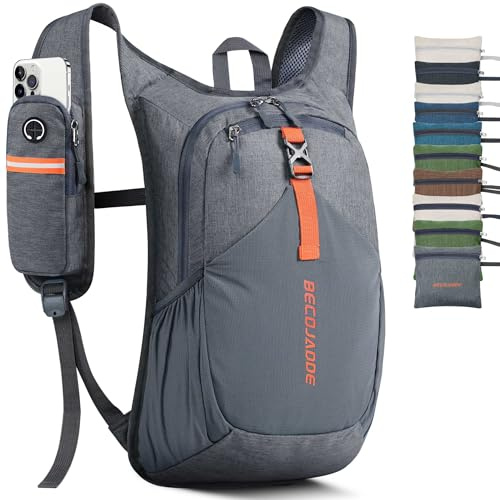 BECOJADDE 15L Hiking Backpack for Men Women Foldable Small Rucksack Lightweight Mini Backpack for Camping Travel Outdoor, Grey