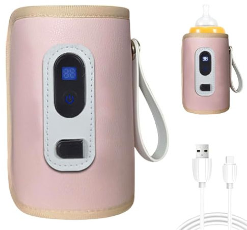 Inscrip Babyflaschenwärmer, USB Flaschen Wärmer, Flaschenwärmer Baby Unterwegs, Baby Flaschenwärmer Unterwegs mit LCD-Display, 5 Geschwindigkeiten, Tragbarer Flaschenwärmer für Autoreisen (Rosa)