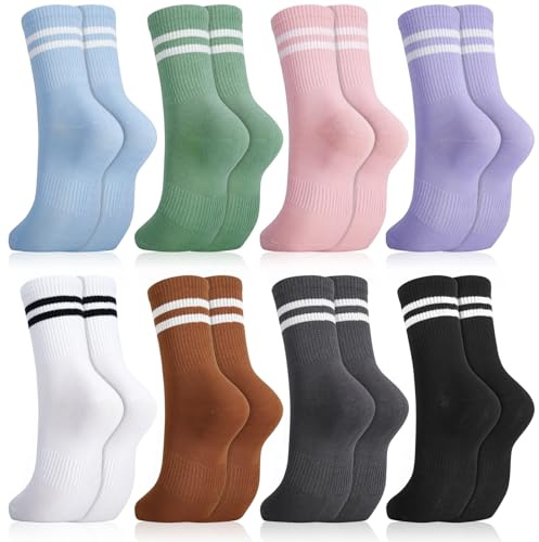 Utensilsto 8 Paare Socken Damen 35-38 Tennissocken Bunte Sportsocken Lange Damen Socken mit Streifen Motiv Baumwollsocken für Tennis Sport