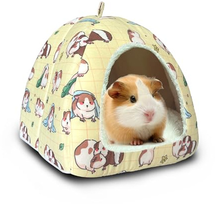 LUCKITTY Guinea Pig Hideout Bed 11.8-Inch Cube - Cozy Small Animal House for Guinea Pigs, Chew-Proof Hideaway with Ventilation (Yellow, Adorable Guinea Pig Print)