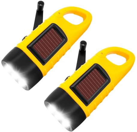 BINGKELE Lot de 2 lampes de poche LED à manivelle - Torc à énergie solaire h - Lampe d'urgence super lumineuse avec mousqueton - Camping portable à RCH pour randonnée, plein air, équipement de survie