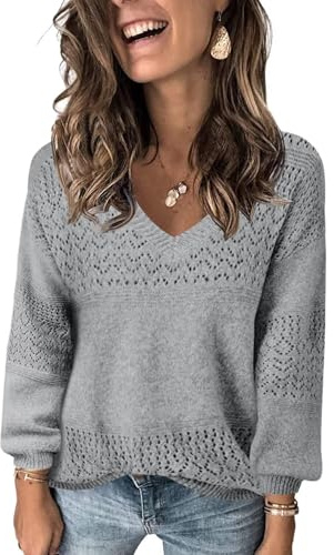 Fisoew Maglione da Donna con Scollo a V, a Maniche Lunghe, in Maglia Rigata, Leggero, a Uncinetto, Casual, grigio., L