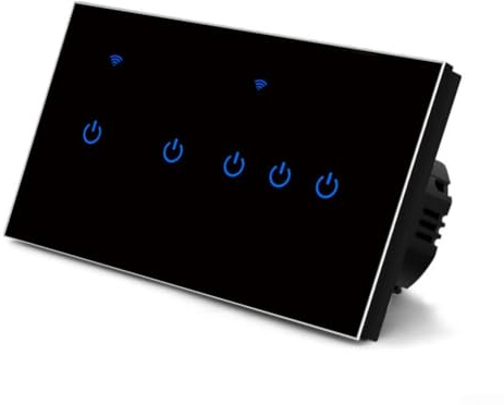 CYRENT WiFi Touch Light Switch Black Glass Panel Remote and Voice Control Wall Switch for Smart Home(5 Gang-Black)
