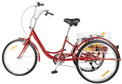 Mqwdxzfes 24 Zoll Dreirad für Erwachsene, 6 Gang 3 Räder Bike mit Korb und Scheinwerfer, Transport Einkauffahrrad Outdoor Dreiradfahrrad City Einkaufs-Dreirad, für Erwachsene und Senioren Outdoor