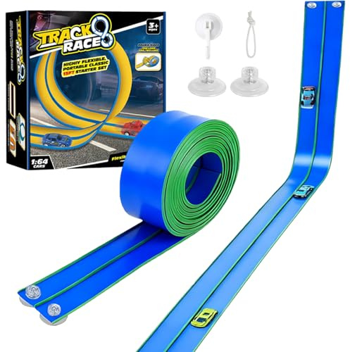 4.5m Flexible Race Car Track with Suction Cups, Compatible with 1/64th Diecast Cars, Portable Dual Racetrack, Roll-Up Design for Easy Storage & Travel
