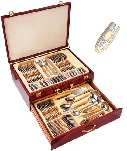 12-persons rostfritt stål bestick 72 stycken med trälåda Hållbara Bestickar Knivar Forks Spoons Spegel Polska Elegant Matredskap för hem Restaurang Everyday Use Party-samling