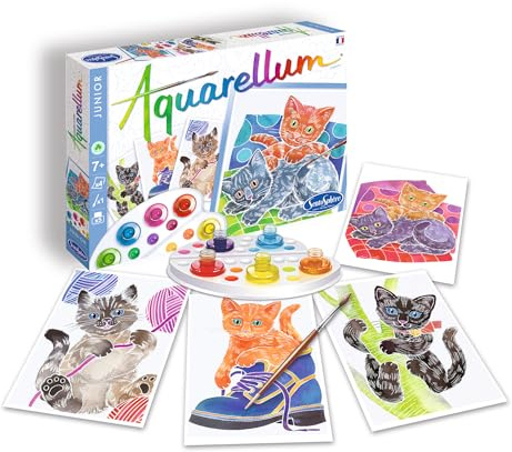 SentoSphère - AQUARELLUM JUNIOR - CHATONS - Kit peinture - Peinture Aquarellable Magique - A partir de 7 ans - fabriqué en France, 1 Unité (Lot de 1), Blanc/Bleu