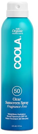 COOLA Organic Sunscreen SPF 50 Sunblock Spray, Dermatologist Tested Skin Care for Daily Protection, Vegan and Gluten Free, Fragrance Free, 6 Fl Oz
