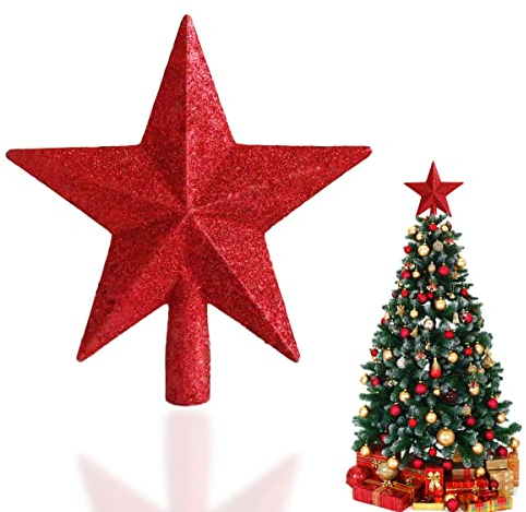 Etoile Sapin de Noel Rouge - Grande Pointe Etoile Sapin de Noel de 20 cm, Finition Pailletée Incassable et Installation Facile pour Une Décoration de Fêtes Magique et Scintillante