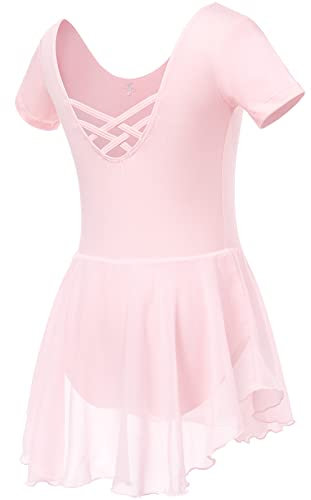 Soudittur Ballettkleidung Mädchen Ballettkleid für Kinder Baumwolle Balletttrikot Kurzarm Ballettanzug Tanzkleid Tanzbody mit Chiffon Rock Tütü(110,Rosa)