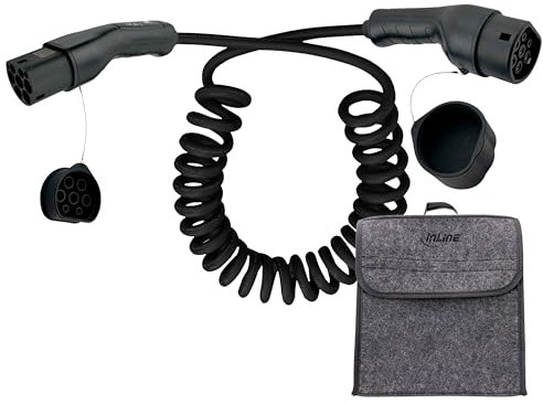 InLine EV 16285S - Cavo di ricarica a spirale per auto elettrica, 5 m, TYP2 EN 62196, con custodia, 22 KW MAX./11 KW/7,4 KW/3,7 KW, 32 A, 3 fasi, compatibile con modelli come i3, iX, ID.4 e altri