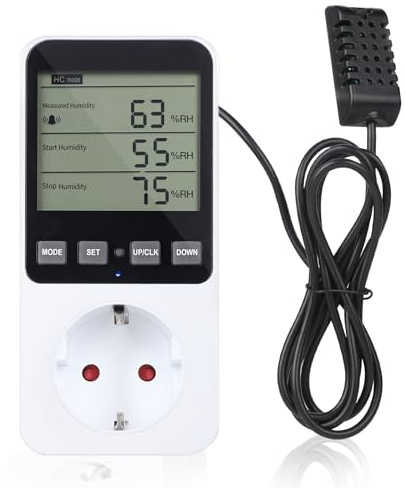 Swawis termostat uttag temperaturregulator 16 A 230 V hygrostatuttag med givare luftfuktighetsregulator fuktregulator med larm för luftfuktare avfuktare svamp terrarium