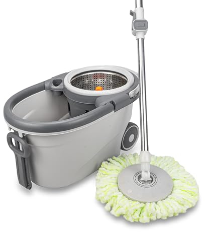 Dwellton - Rapid Clean Microfibre Mop and Bucket Set, Spin Mop for Cleaning Floors, Tiles, Set of 1x Mop and 1x Bucket (Includes 2 Mop Heads) (Grey)