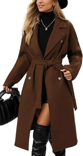 Suncadmious Cappotto Lungo Invernale in Tweed da Donna con Revers Doppiopetto Antivento Caldo Classico Trench Invernale Doppiopetto con Cintura (Marrone,M)