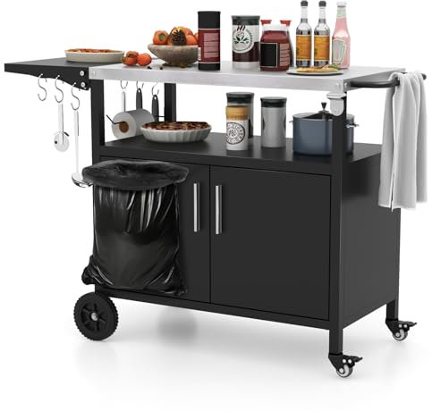 COSTWAY BBQ Storage Cart Table, 84cm Garden Serving Trolley with Folding Stainless Steel Top, 6 Hooks, Open Shelf & 2-Door Cabinet, Portable Food Prepare Dining Cart for Outdoor Grilling and Cooking