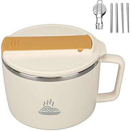 1200 Ml Snabb Ramen Skål med Filtrerbart Lock, Nudelskål i Rostfritt Stål med Pinnar och Spork, Bärbar Soppskål Ramen Spisskål för Kontor (Beige)