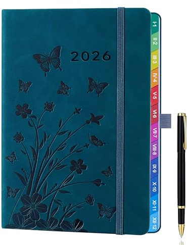 Agenda y Planificador Semanal A5 2026 (enero - diciembre) – Azul Pavo Real, diseño floral, pestañas mensuales a color, soporte y lazo para bolígrafo, bolsillo interior.