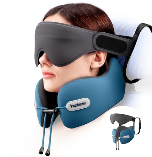Inspireyes Resenackkudde med säkerhetsrem, långt flygstabilt stöd | Högstödjande skum flygplanskudde, 3D sovmask, 360° nackstöd, sömnstöd väsentlig, stopphuvudspole, sjöblå