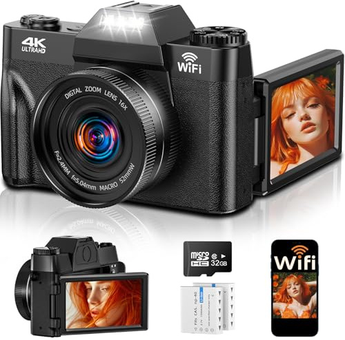 4K 75MP Digitalkamera mit WLAN & 180° Flip 3.0 Bildschirm, Autofokus Vlogging Fotoapparat mit 2X 1500mAh Batterien, 32GB Speicherkarte, Kompaktkamera für Erwachsene, Senioren & Anfänger
