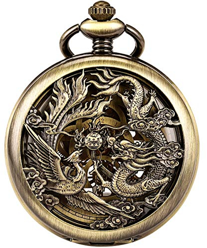 ManChDa Antique Mechanical Pocket Watch Lucky Dragon & Phoenix Bronze Skeleton Dial with Chain