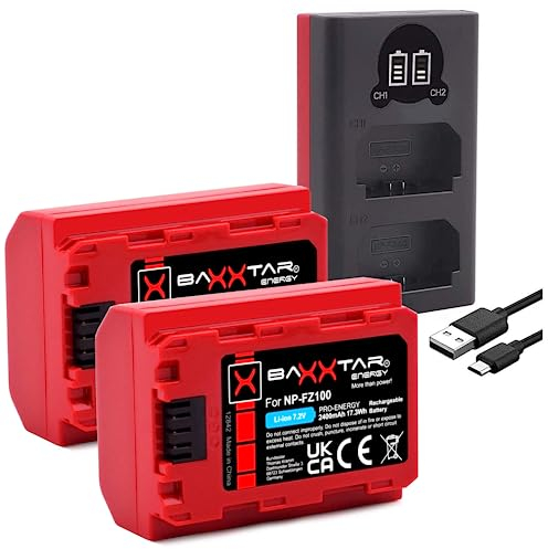 Baxxtar Dual LCD USB Ladegerät + 2x Akku NP-FZ100 2600mAh kompatibel mit Sony Alpha 6600 6700 A6600 A6700 A1 A9 9 R S II A7 III IV A7R 7 C 7CR 7S 7R A7III R V R3 R4 FX3 FX30 A7C2 A7R3 NPFZ100 NP FZ100