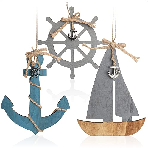 com-four® 3X Hängedeko mit Boot, Steuerrad und Anker aus Holz - Schifffahrt Deko zum Aufhängen - Maritime Hängedeko für zu Hause