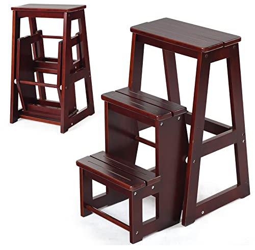 GYMAX 3 Tier Folding Step Stool for Kids and Adults, 3-in-1 Portable Wood Stepladder, Foot Stools, Display and Flower Shelf (Walnut)