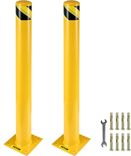 VEVOR Safety Bollard, 48 Inch Height Bollard Post, 4.5 Inch Diameter Steel Pipe Safety Bollard Post, Yellow Steel Bollard, Steel Safety Bollard with 8 Anchor Bolts, Perfect for Traffic-Sensitive Area